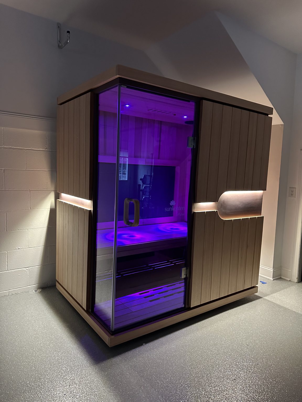 Purple-lit sauna interior