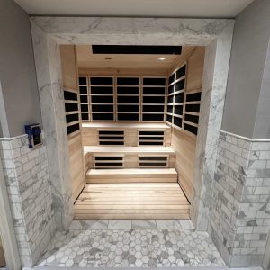 sauna room with marble design