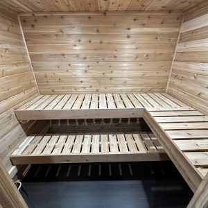 Wooden sauna room with cozy atmosphere