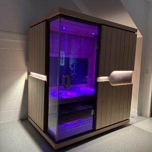 Purple-lit sauna interior